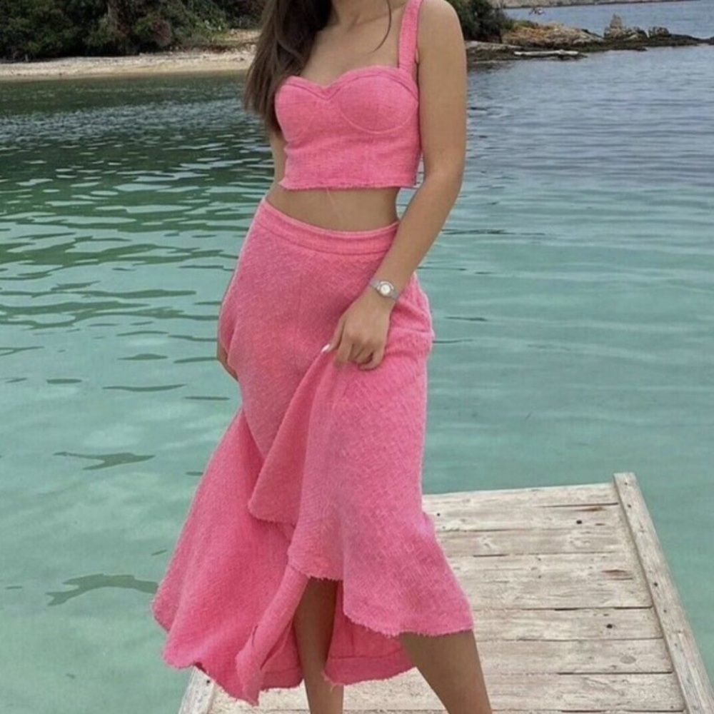 Zara | Textured Tweed-Like Pink Midi Skirt | Size L | Blogger Favorite - Picture 2 of 14